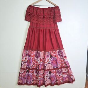 La Route De La Soie NWT Womens Maxi Dress Red Pink Floral Ruffle Mexican Peasant